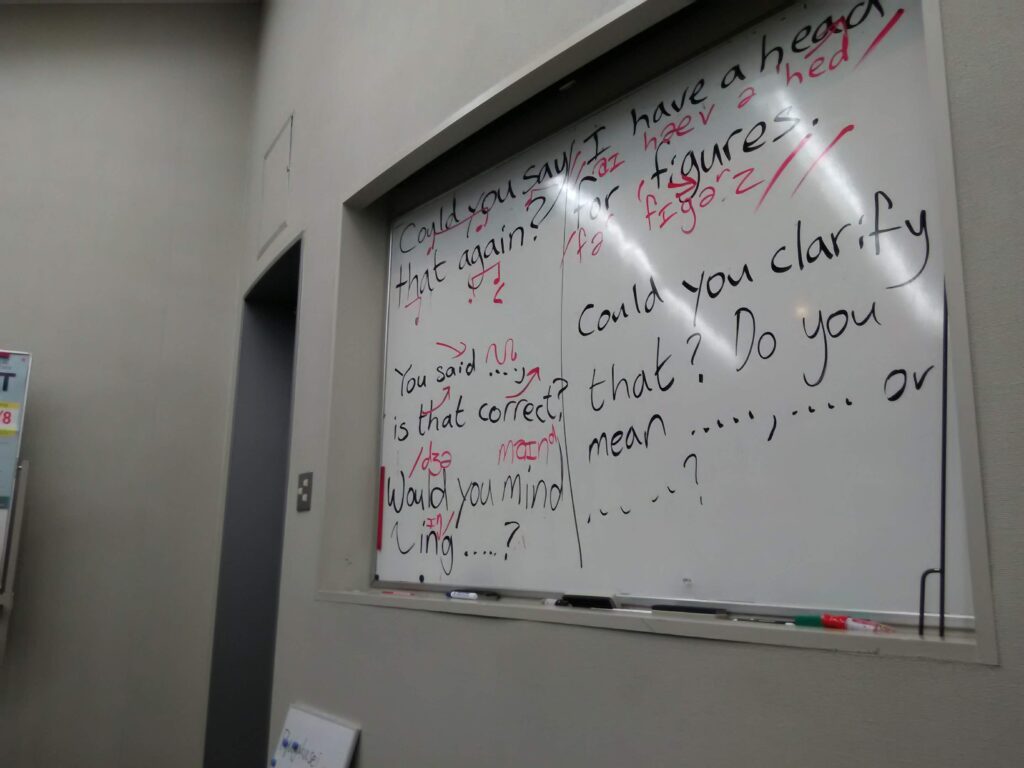 A whiteboard with several clarification questions written on it. 